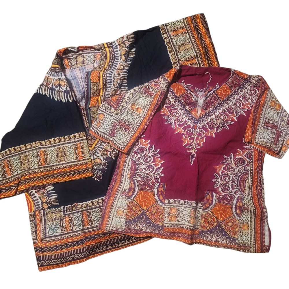 Vintage Dashiki Shirt Bundle Mens Medium 100% Cotton African Print Navy Burgundy
